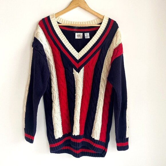 Vintage Jason Maxwell Red White and Blue V Neck Wool Cotton Pullover L - Picture 1 of 6